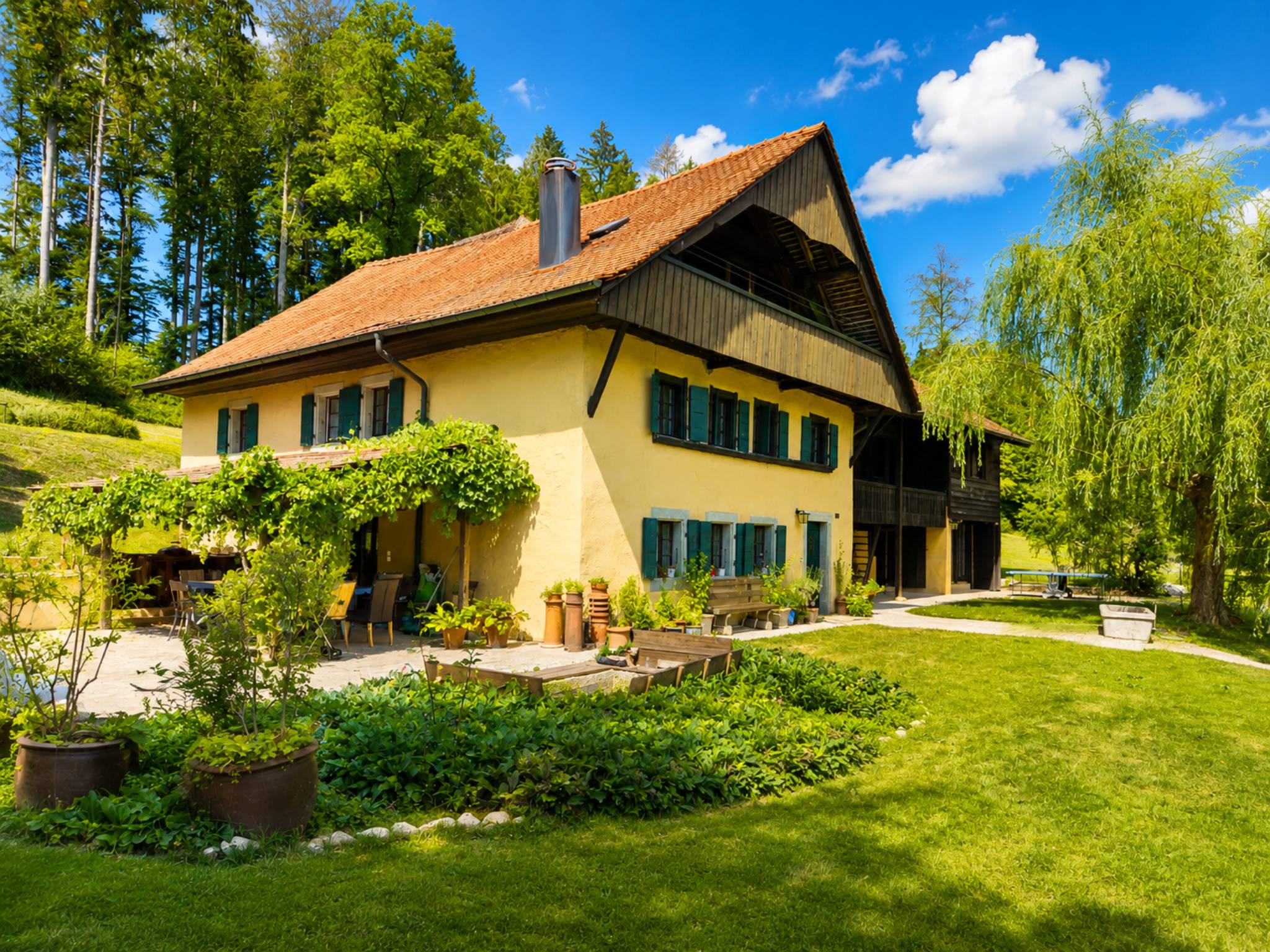 En lisère de forêt, spacieuse ferme avec piscine